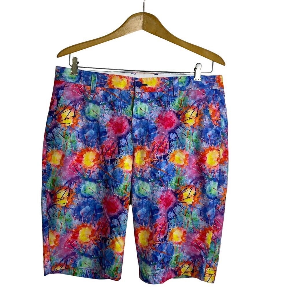 Hreski Golf Shorts 34 Mens Multi Splatter Chino Performance Flat Front Colorful